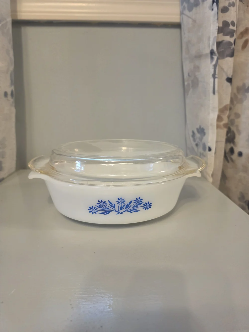 Fire King White Casserole Dish with Blue Floral Motif and Clear Lid 1 1/2 Quart